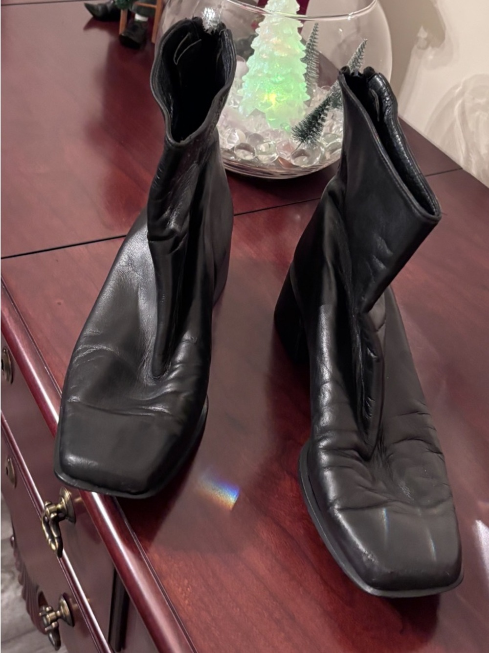 Vintage Stuart Weitzman Black Leather Square-Toe Ankle Boots